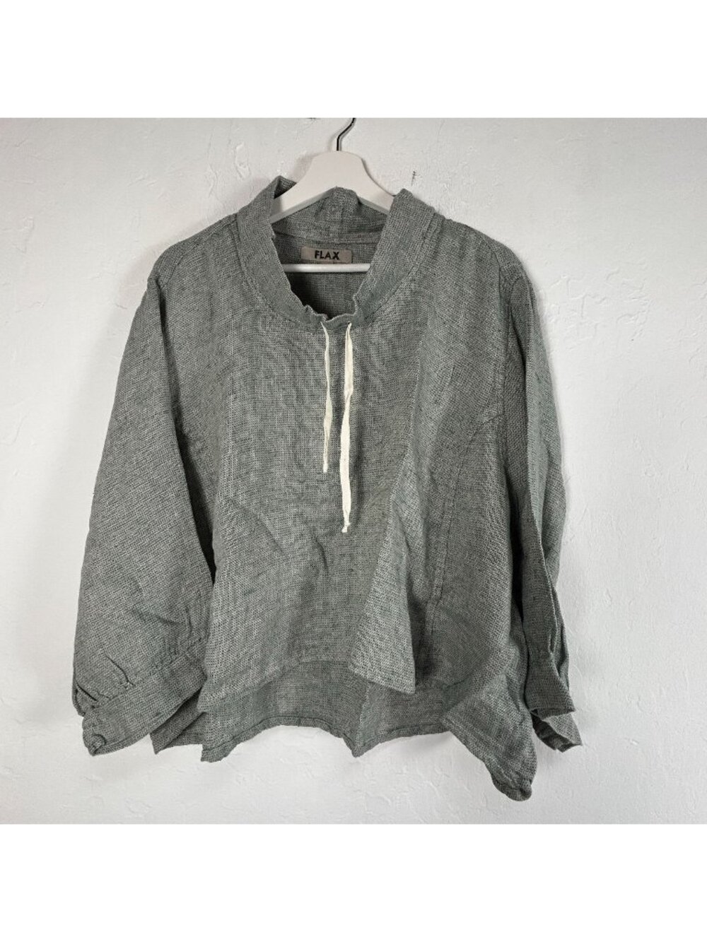 Flax Women Revere Top Panama Linen Shirt Large Drawstring Neck Pullover Gray New